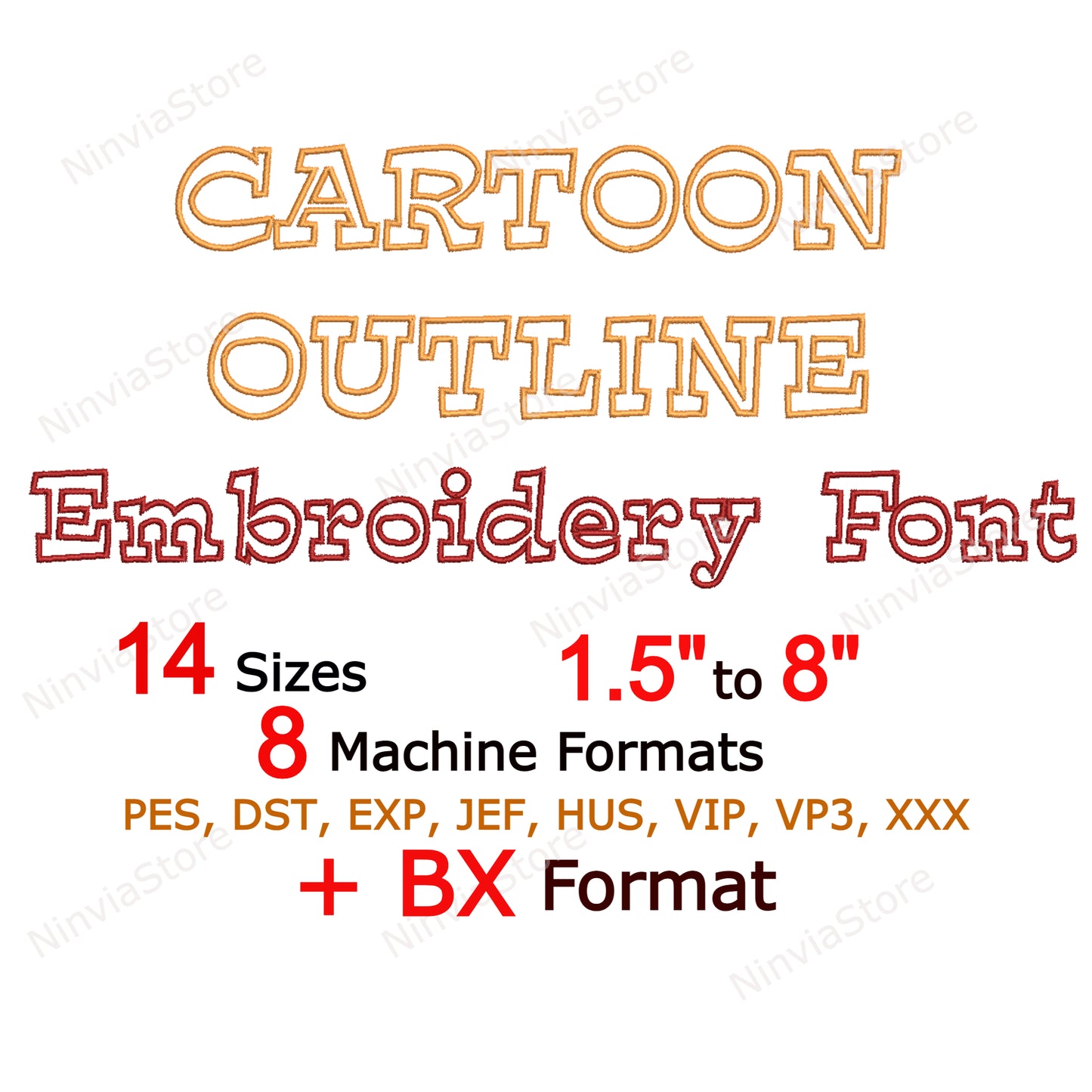 Police de broderie Machine contour de dessin animé, 14 tailles, 8 formats, police BX, police PE, motifs de broderie Monogram Alphabet