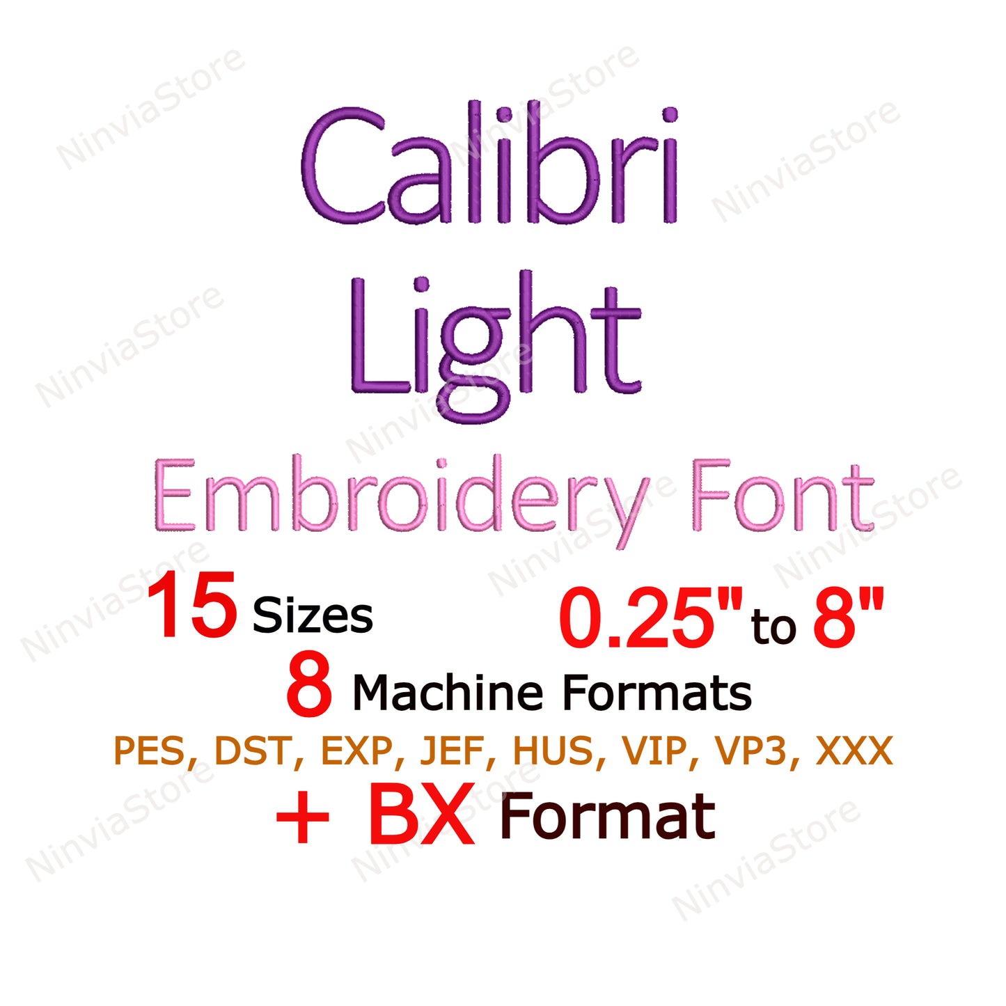 Calibri Maschinenstickschrift, 15 Größen, 8 Formate, BX-Schriftart, PE-Schriftart, Monogramm-Alphabet-Stickmotive