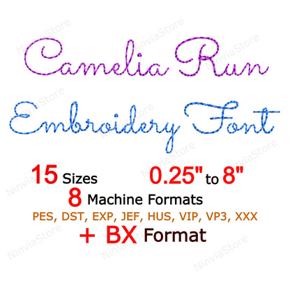 Camelia Bean Stitch Machine Embroidery Font, 15 sizes, 8 formats, Ballantines BX Font, Run Stitch Script, PE font