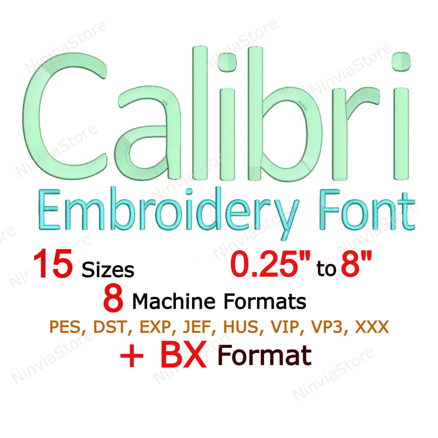 Calibri Maschinenstickschrift, 15 Größen, 8 Formate, BX-Schriftart, PE-Schriftart, Monogramm-Alphabet-Stickmotive