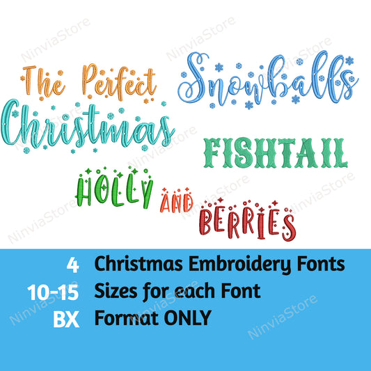 4 Christmas BX Embroidery Font Bundle, Holiday Font bx, Alphabet Embroidery Design, Machine Embroidery Font BX