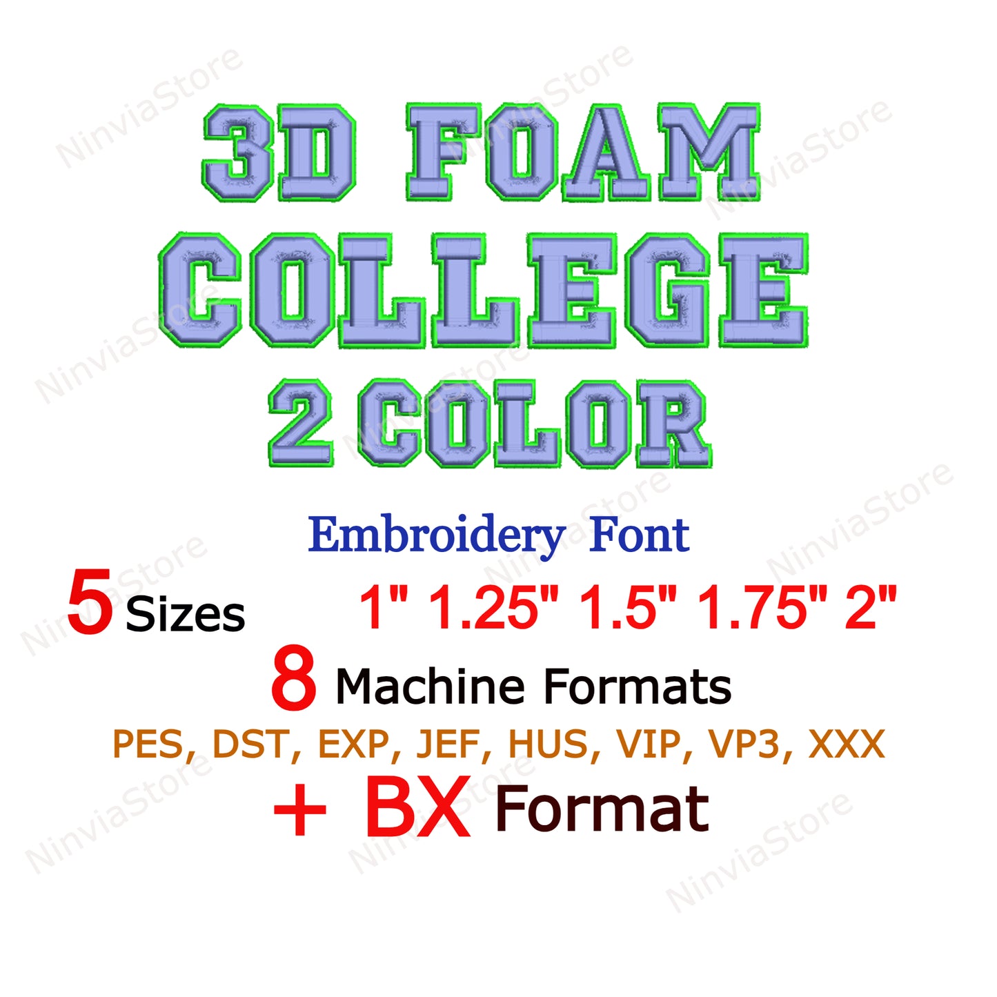 3D Foam 2 Color College Embroidery Font, 3D Puff Foam Varsity BX Font,  Athletic pe Font for Embroidery