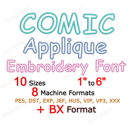 Comics Applique Machine Broderie Police, 10 tailles, 8 formats, Police BX, Police PE, Monogram Alphabet Broderie Designs