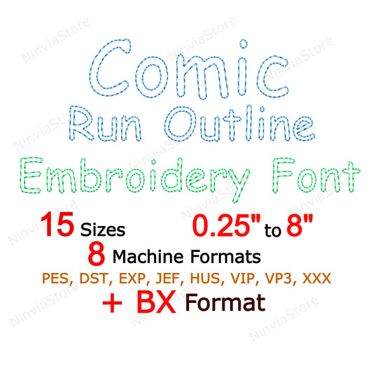 Comic Sans Outline Bean Stitch Machine Embroidery Font, 15 tailles, 8 formats, Run Stitch Comics BX Font, police PE, Monogram Alphabet Broderie Designs