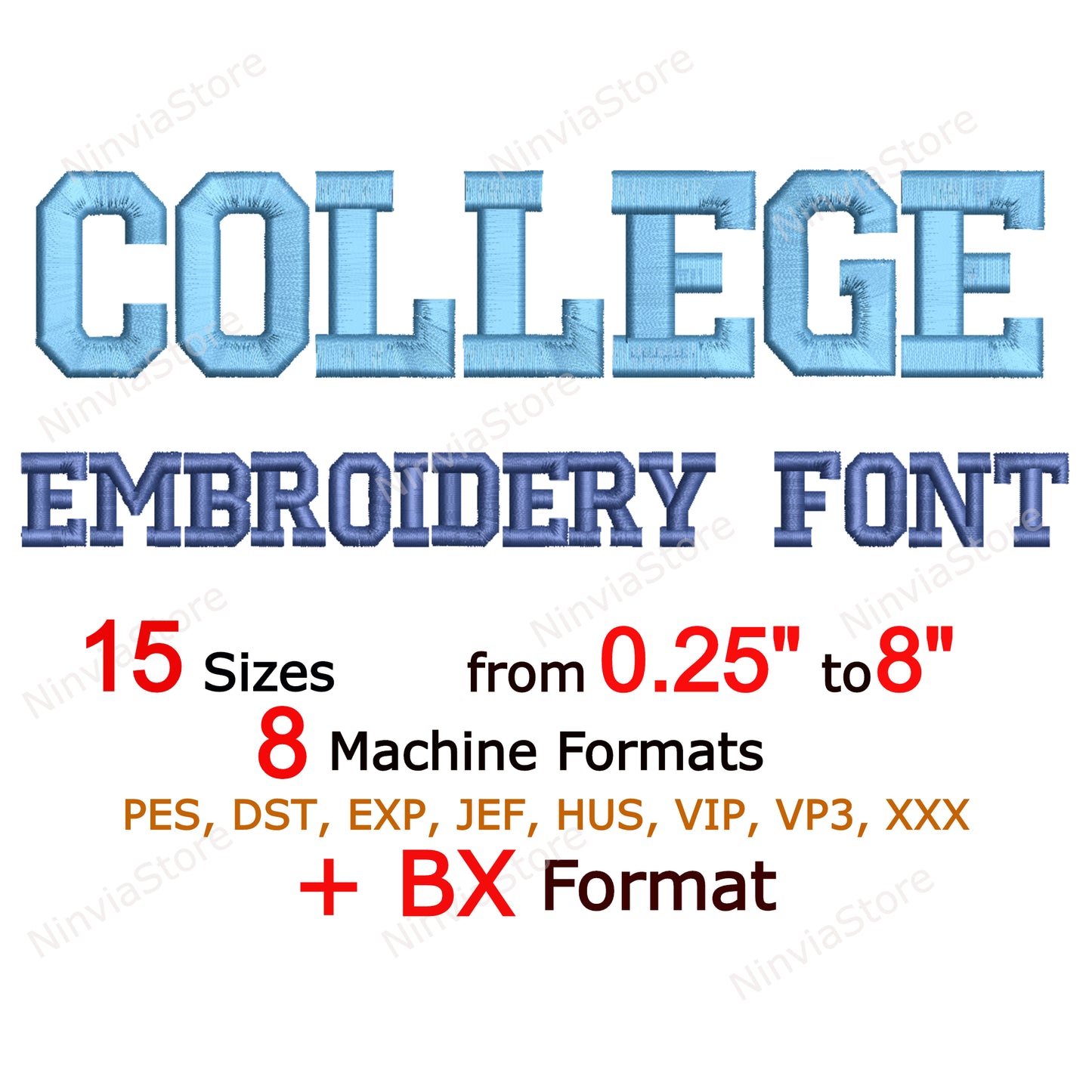 Police de broderie College Machine, 15 tailles, 8 formats, police BX, police PE, motifs de broderie Monogram Alphabet