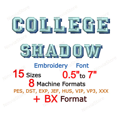 College Shadow Maschinenstickschrift, 15 Größen, 8 Formate, BX-Schriftart, PE-Schriftart, Monogramm-Alphabet-Stickmotive