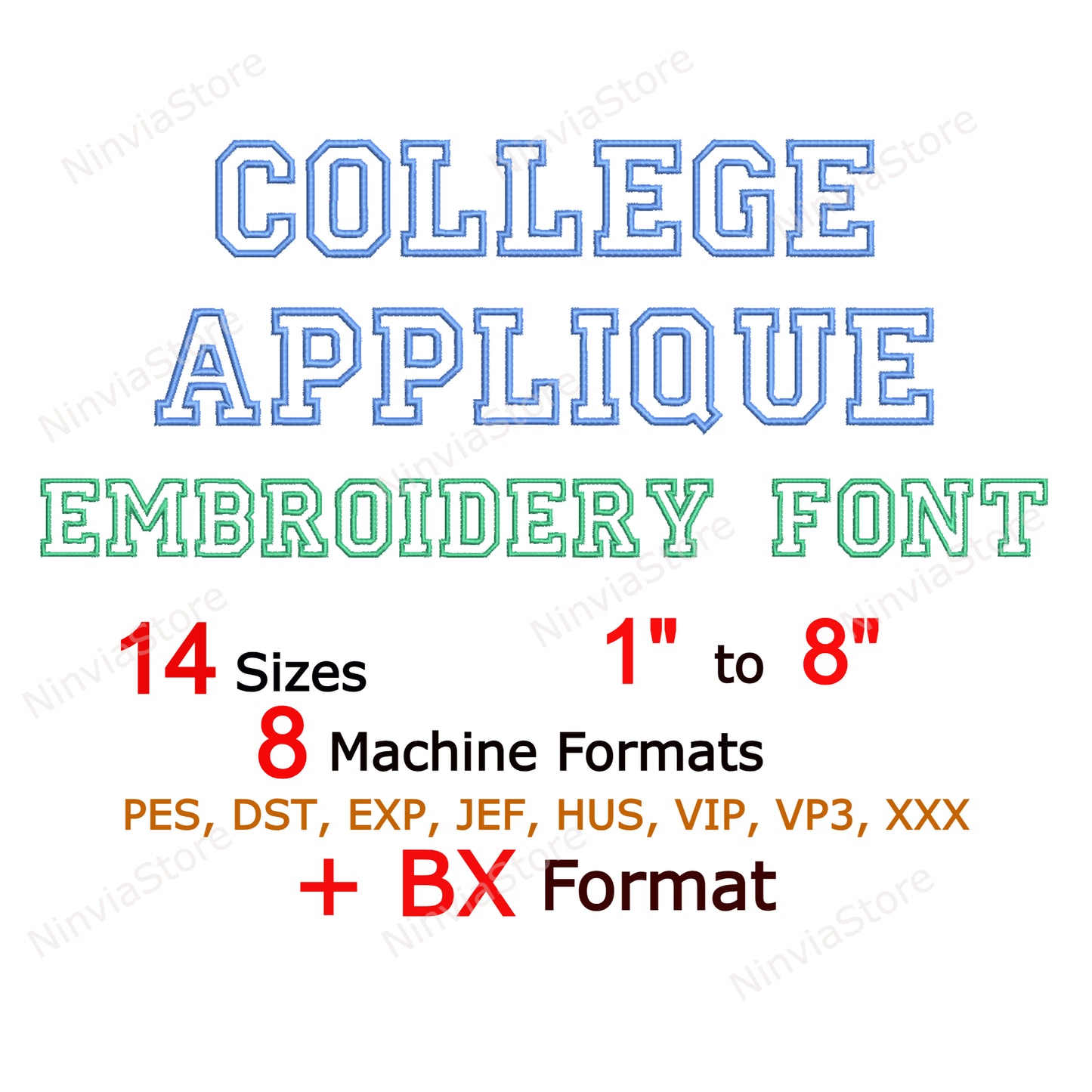 Police de broderie Machine College Applique, 15 tailles, 8 formats, police BX, police PE, motifs de broderie Monogram Alphabet