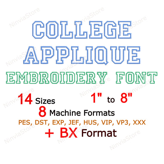 Police de broderie Machine College Applique, 15 tailles, 8 formats, police BX, police PE, motifs de broderie Monogram Alphabet