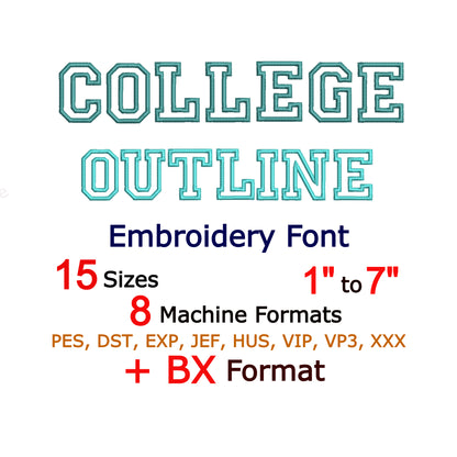 Police de broderie Machine Varsity Outline, 15 tailles, 8 formats, police BX, police PE, motifs de broderie Monogram Alphabet