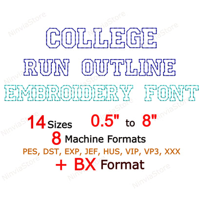 College Outline Bean Stitch Machine Embroidery Font, 14 sizes, 8 formats, Run Stitch Varsity BX Font, PE font, Monogram Alphabet Embroidery Designs