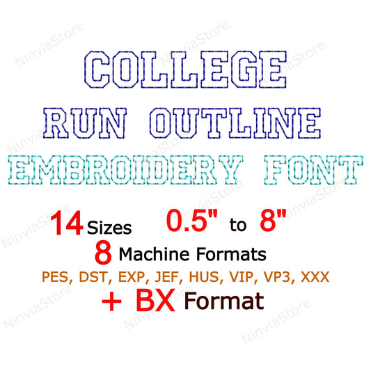 College Outline Bean Stitch Machine Embroidery Font, 14 tailles, 8 formats, Run Stitch Varsity BX Font, police PE, Monogram Alphabet Broderie Designs