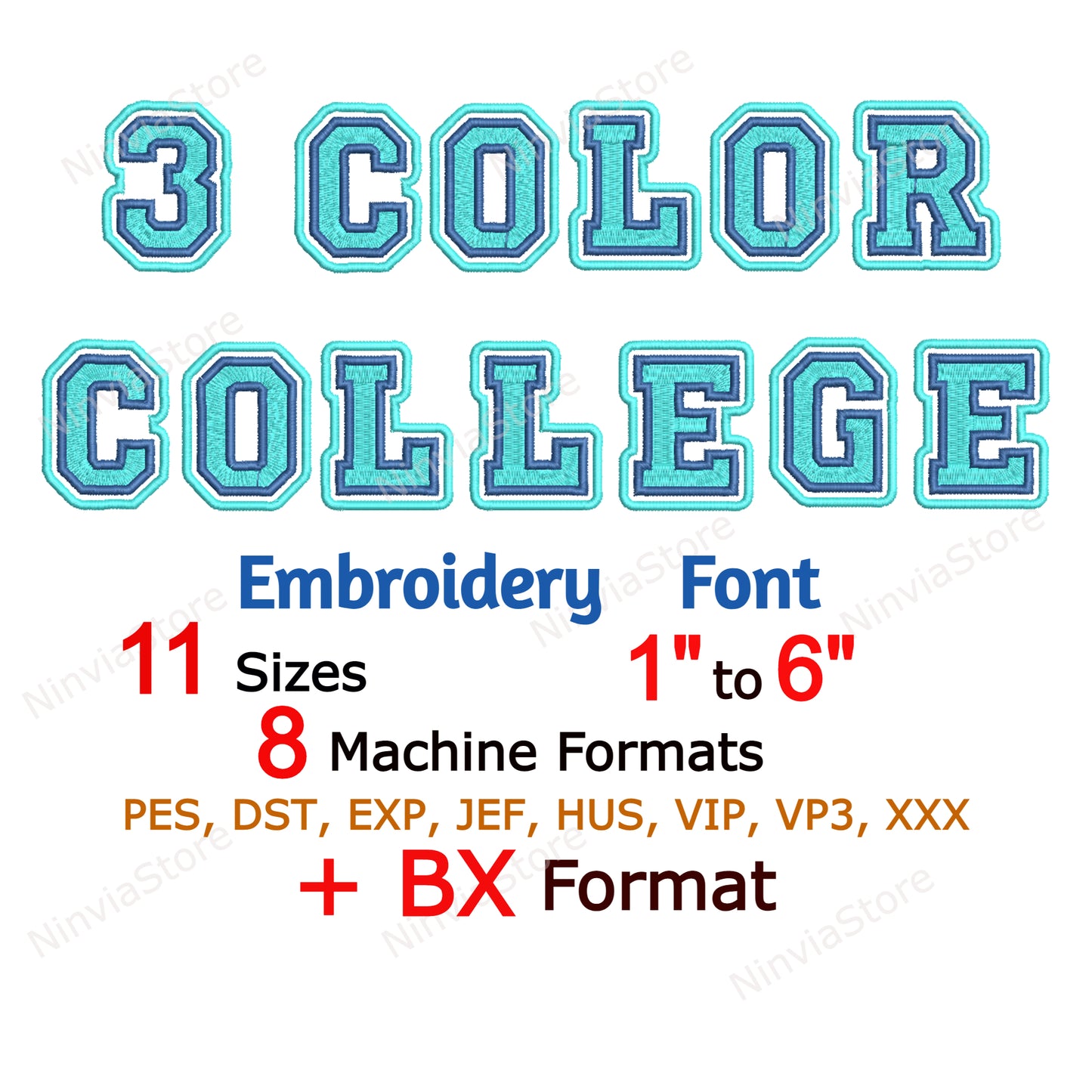 Police de broderie Machine College 3 couleurs, 11 tailles, 8 formats, police Varsity BX, police PE, motifs de broderie Monogram Alphabet