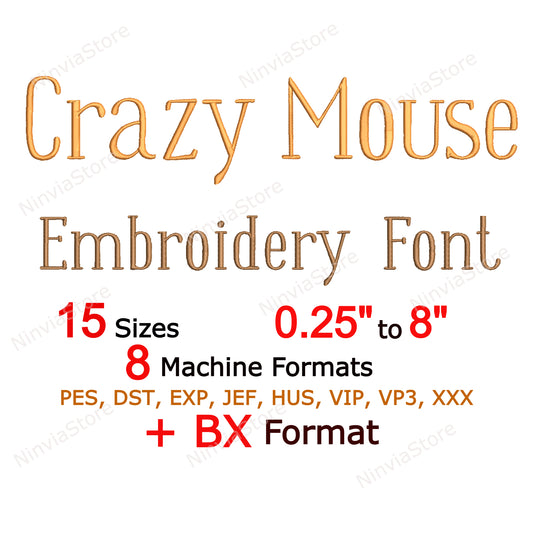 Crazy Mouse Machine Broderie Police, 15 tailles, 8 formats, Police BX, Police PE, Monogram Alphabet Broderie Designs