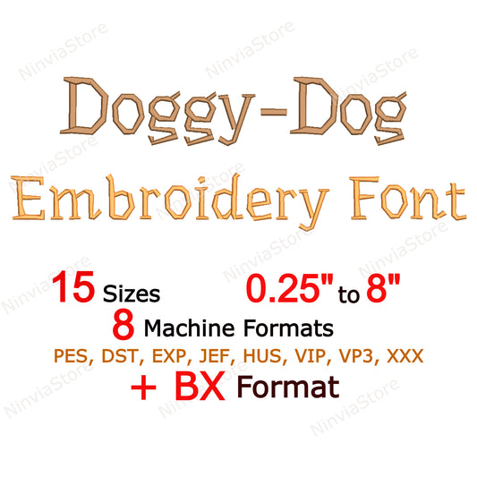 Police de broderie Doggy Machine, 15 tailles, 8 formats, police BX, police PE, motifs de broderie Monogram Alphabet