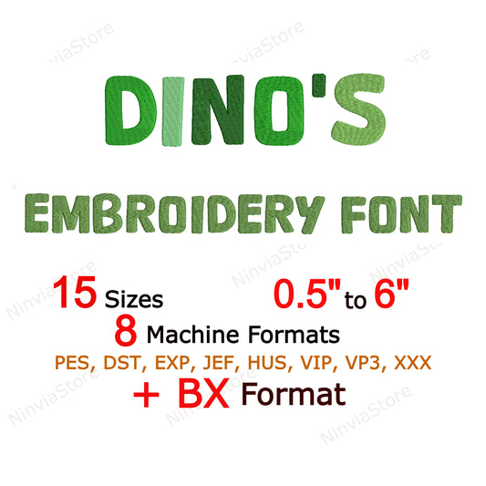 Dino's Machine Embroidery Font, 15 sizes, 8 formats, BX Font, PE font, Dinosaur Alphabet Embroidery Design