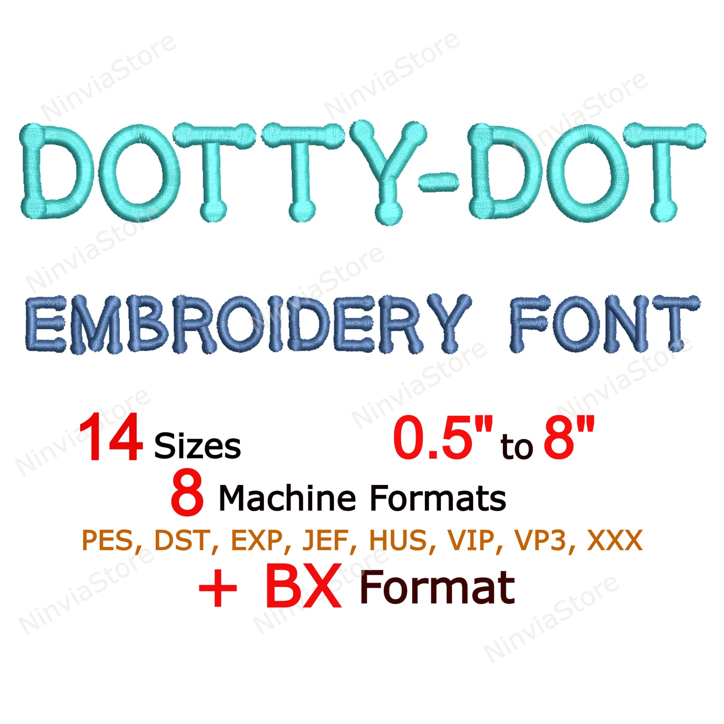 Police de broderie machine Dotty-Dot, 14 tailles, 8 formats, police BX, police PE, motifs de broderie Monogram Alphabet