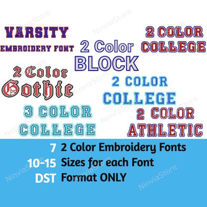 7 DST Two-Color Embroidery Fonts Bundle, Machine Embroidery Font DST, 2 Color Monogram Font