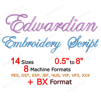 Police de broderie machine à script édouardien, 14 tailles, 8 formats, police BX, police PE, motifs de broderie Monogram Alphabet