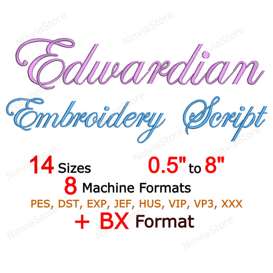 Police de broderie machine à script édouardien, 14 tailles, 8 formats, police BX, police PE, motifs de broderie Monogram Alphabet