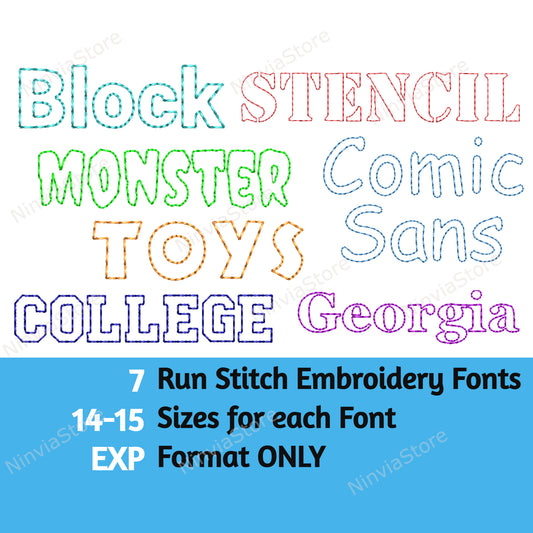 7 EXP Bean Stitch Stickschriftarten Bundle, Outline Run Stitch Maschinenstickschrift EXP, Monogramm Alphabet Stickmuster, College, Block EXP Schriftart für Stickerei