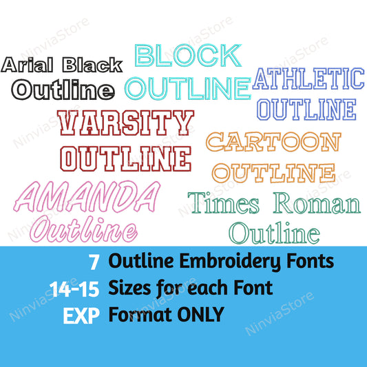 7 EXP Outline-Stickschriftarten-Bundle, Maschinenstickschrift EXP, Alphabet-Stickdesign, EXP-Schriftart für Stickerei, Outline-Monogramm-Schriftart