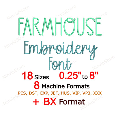 Farmhouse Machine Embroidery Font, 18 sizes, 8 formats, BX Font, PE font, Monogram Alphabet Embroidery Design