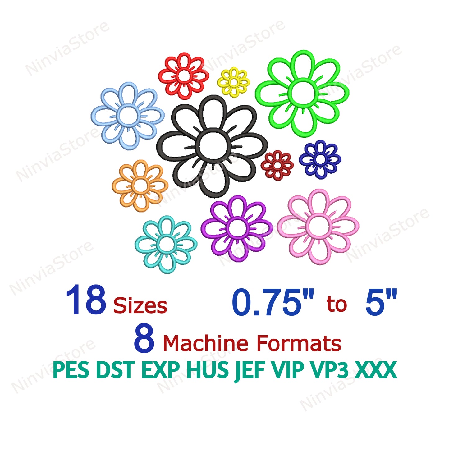 Flower Outline Embroidery Design, Outlined Flower Machine Embroidery, Floral Embroidery Pattern, Flower Digital Instant Download, 18 sizes, 8 formats