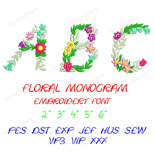 Floral Embroidery Font BX, Flowers Monogram Embroidery Font pe, Floral Machine Embroidery Design