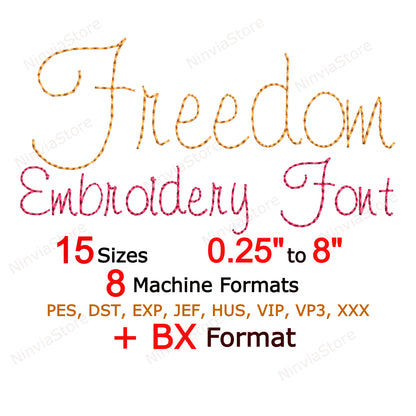 Freedom Bean Stitch Machine Embroidery Font, 15 sizes, 8 formats, Run Stitch Script, BX Font, PE font