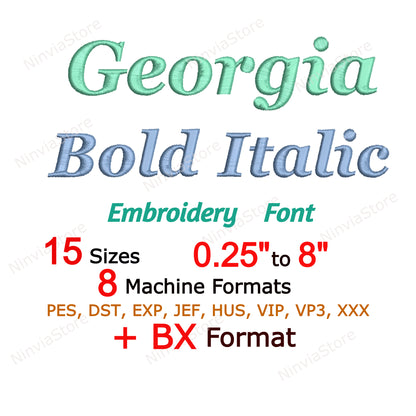 Georgia Bold Italic Maschinenstickschrift, 15 Größen, 8 Formate, BX-Schriftart, PE-Schriftart, Monogramm-Alphabet-Stickmotive