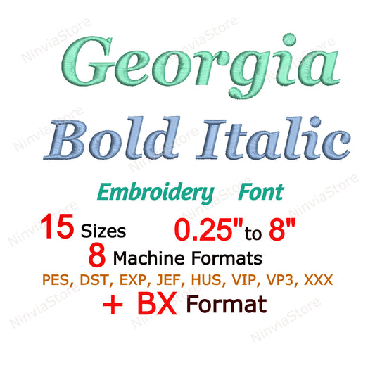 Georgia Bold Italic Machine Embroidery Font, 15 sizes, 8 formats, BX Font, PE font, Monogram Alphabet Embroidery Designs