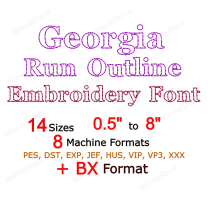 Georgia Outline Bean Stitch Machine Embroidery Font, 14 sizes, 8 formats, Run Stitch BX Font, PE font