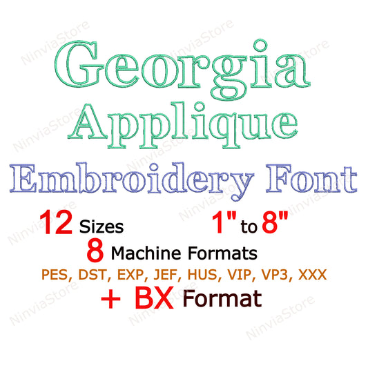Georgia Applique Machine Embroidery Font, 12 tailles, 8 formats, police BX, police PE, Monogram Alphabet Broderie Designs