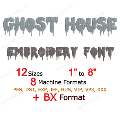 Ghost House Maschinenstickschrift, 12 Größen, 8 Formate, Halloween BX Schriftart, PE Schriftart, Monogramm Alphabet Stickmotive