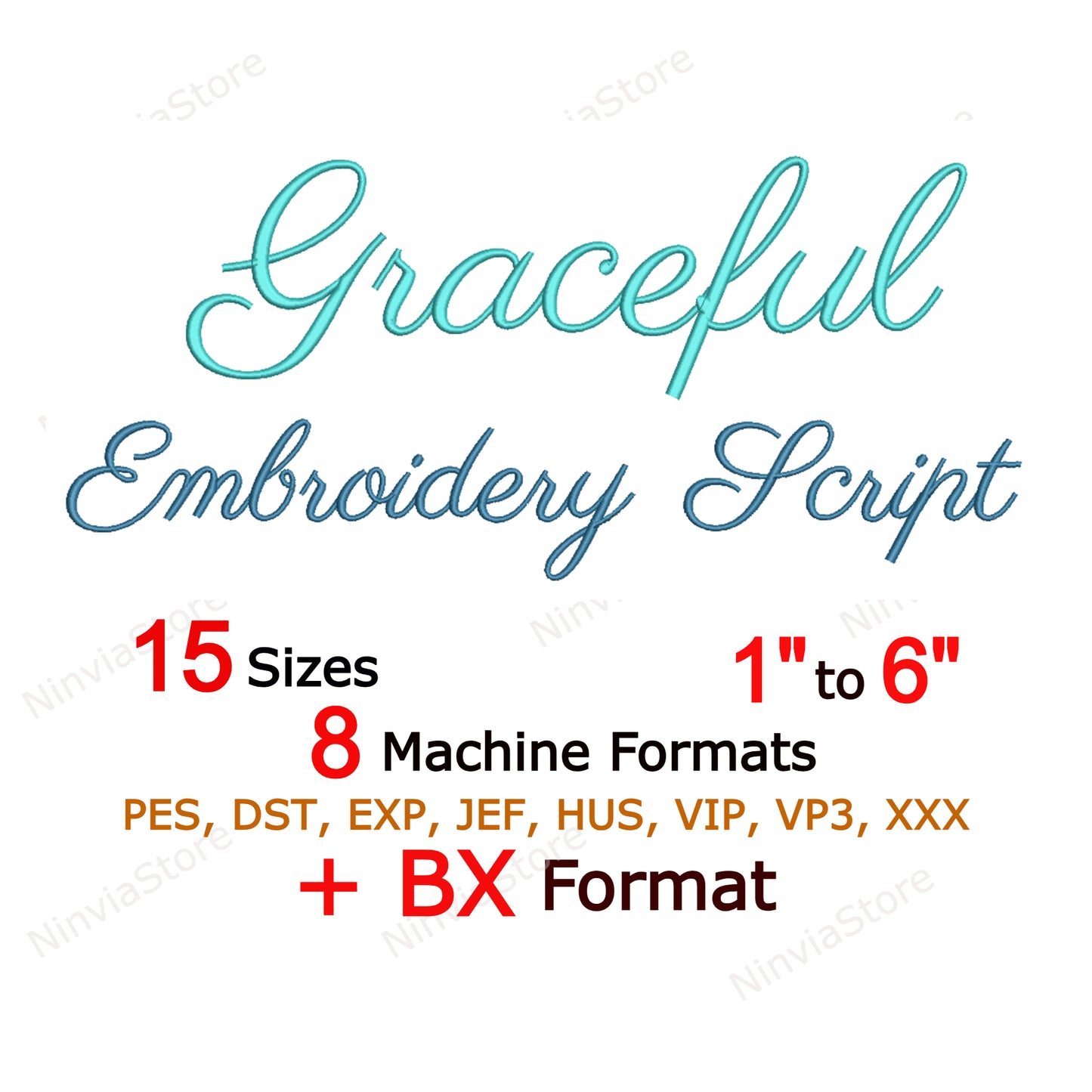 Quany Script Maschinenstickschrift, 15 Größen, 8 Formate, BX-Schriftart, PE-Schriftart, Monogramm-Alphabet-Stickmotive