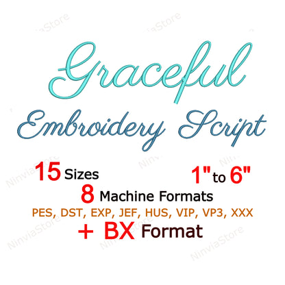 Quany Script Maschinenstickschrift, 15 Größen, 8 Formate, BX-Schriftart, PE-Schriftart, Monogramm-Alphabet-Stickmotive