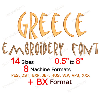 Police de broderie machine Grèce, 14 tailles, 8 formats, police BX, police PE, motifs de broderie Monogram Alphabet