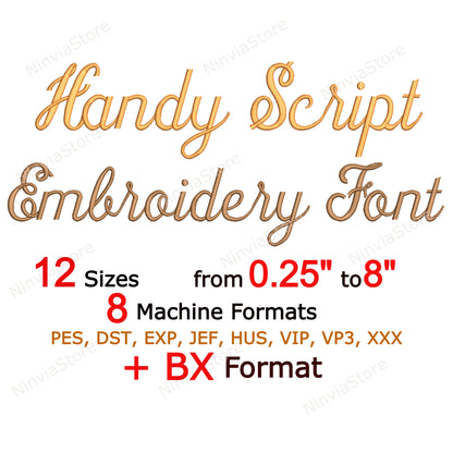 Handy Script Machine Embroidery Font, 12 sizes, 8 formats, BX Font, Cursive PE font, Monogram Alphabet Embroidery Designs