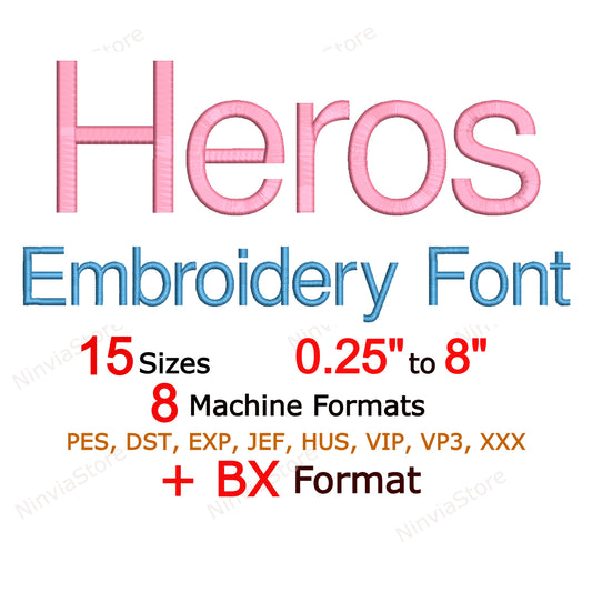 Police de broderie Machine Heros, 15 tailles, 8 formats, police BX, police PE, motifs de broderie Monogram Alphabet