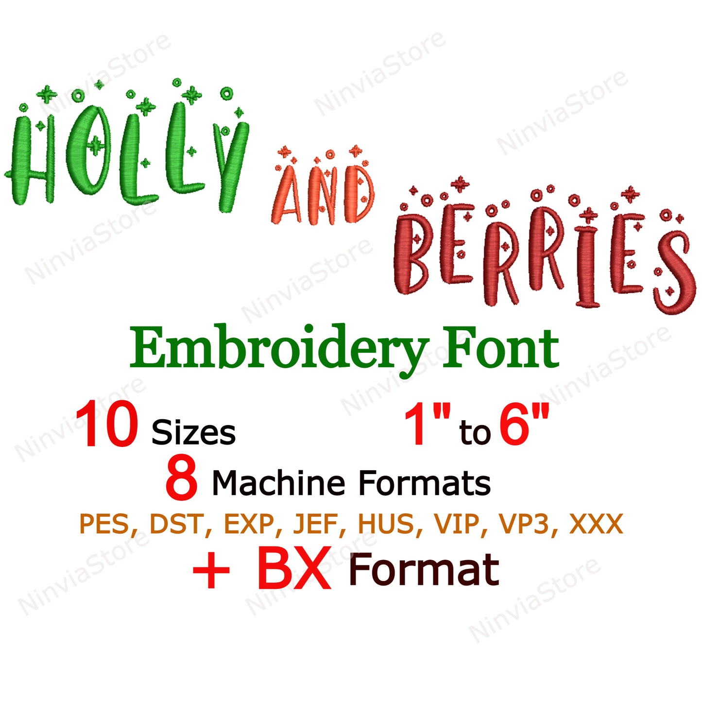 Holly and Berries Machine Embroidery Font, 10 sizes, 8 formats, Christmas BX Font, PE font, Monogram Alphabet Embroidery Designs