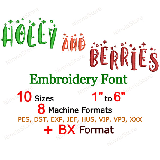 Police de broderie Machine Holly and Berries, 10 tailles, 8 formats, police BX de Noël, police PE, motifs de broderie Monogram Alphabet