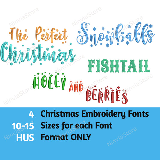 4 Christmas HUS Embroidery Font Bundle, Machine Embroidery Font, Holiday Font HUS, Alphabet Embroidery Design