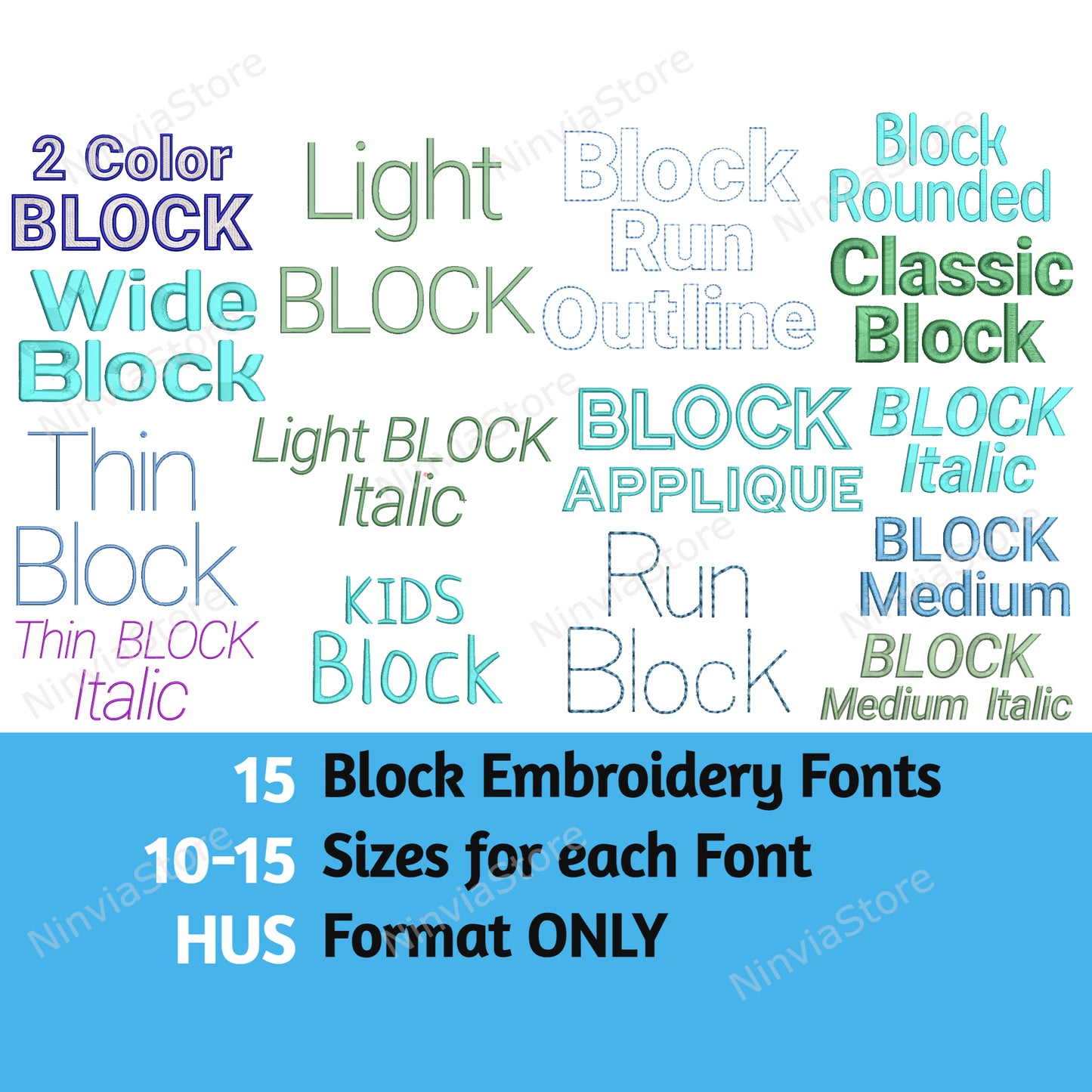 15 HUS Block-Stickschriftarten Bundle, Maschinenstickschrift HUS, Alphabet-Stickdesign, HUS-Schriftart für Stickerei, Maschinenstickerei-Monogrammschrift