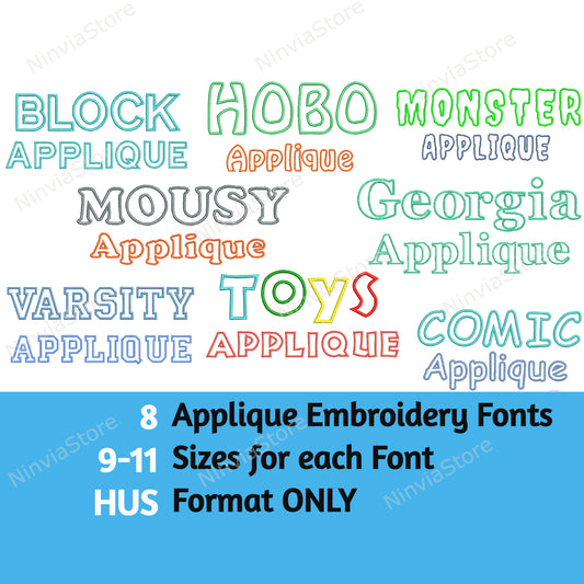 8 HUS Applique Embroidery Fonts Bundle, Machine Embroidery Font HUS, Applique Monogram Font, HUS font for Embroidery