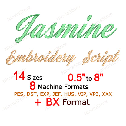 Jasmine and Green Tea Script Machine Embroidery Font, 14 sizes, 8 formats, BX Font, Cursive PE font, Monogram Alphabet Embroidery Designs