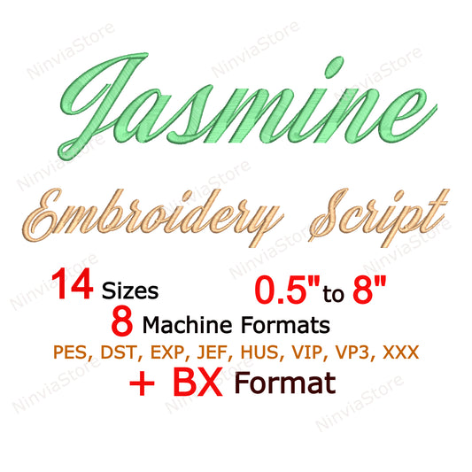 Jasmine and Green Tea Script Maschinenstickschrift, 14 Größen, 8 Formate, BX-Schriftart, Cursive PE-Schriftart, Monogramm-Alphabet-Stickmotive