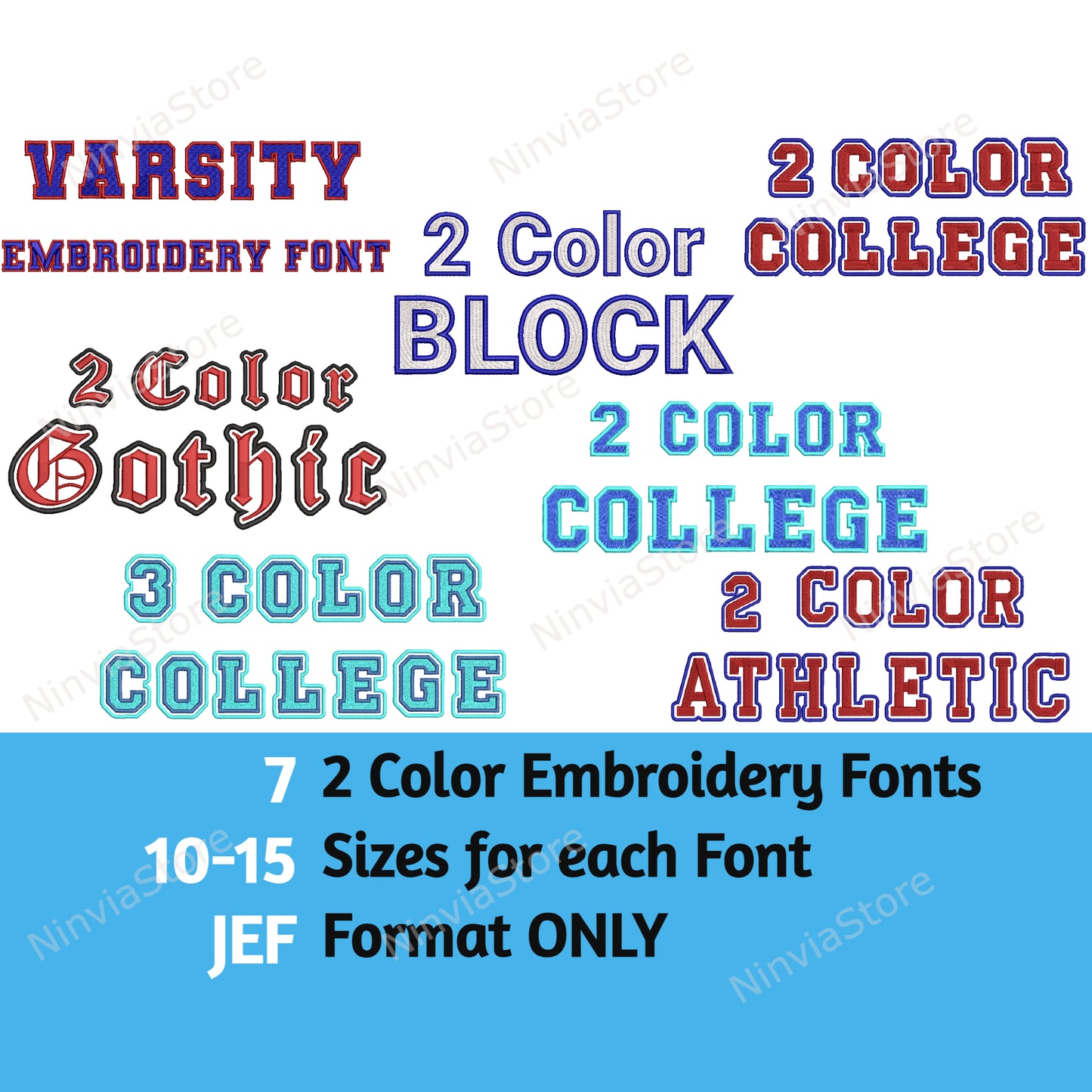 7 JEF Zweifarben-Stickschriftarten-Paket, JEF College Varsity Athletic Maschinenstickschriftart JEF, Alphabet-Stickdesign, JEF-Schriftart für Stickerei, 2-Farben-Monogrammschriftart