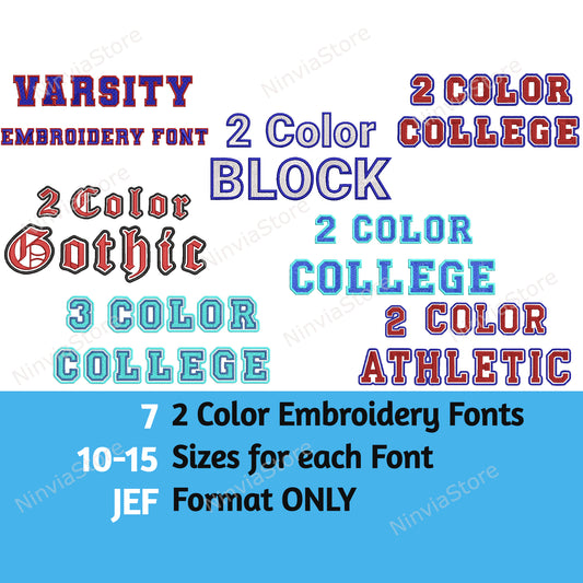 7 JEF Zweifarben-Stickschriftarten-Paket, JEF College Varsity Athletic Maschinenstickschriftart JEF, Alphabet-Stickdesign, JEF-Schriftart für Stickerei, 2-Farben-Monogrammschriftart