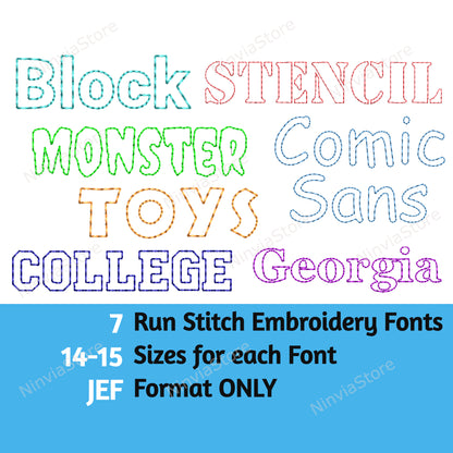 7 JEF Bean Stitch Stickschriftarten Bundle, Outline Run Stitch Maschinenstickschrift JEF, Monogramm Alphabet Stickmuster, College, Block JEF Schriftart für Stickerei