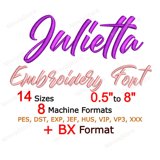 Police de broderie Machine Julietta Script, 14 tailles, 8 formats, police BX, police PE, motifs de broderie Monogram Alphabet